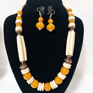 Handcrafted Ivory Bone Bead Necklace with Matching Earrings